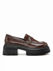 ROUND TOE CHUNKY HEEL FAUX LEATHER LOAFERS