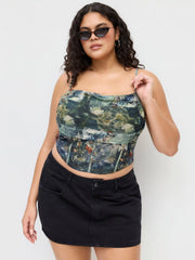 Mesh Graphic Ruched Corset Crop Cami Top Curve & Plus