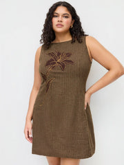 Boat Neck Houndstooth Floral Applique Mini Dress Curve & Plus