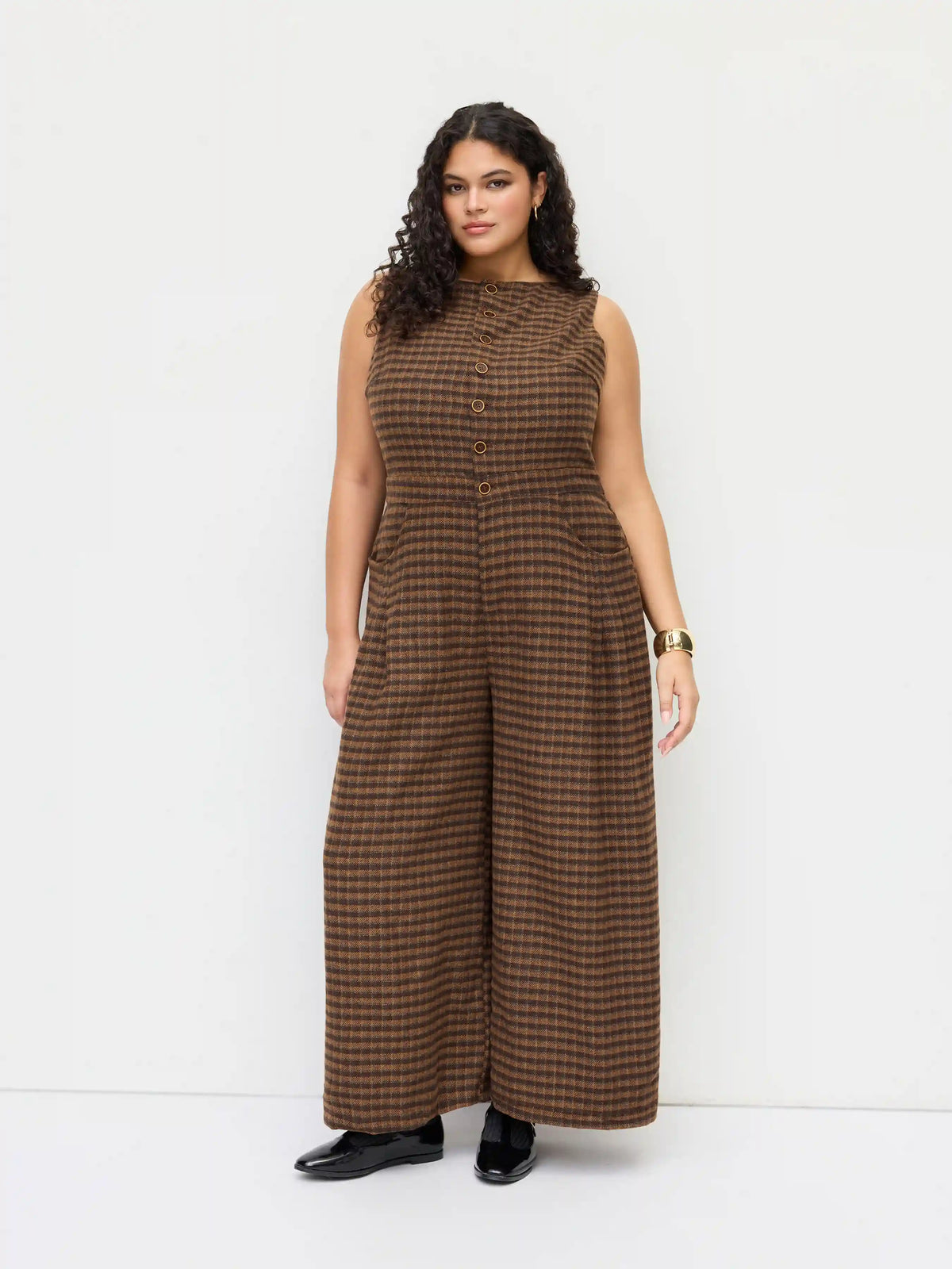 Wool-look Boat Neck Tartan Pleated Jumpsuit Curve & Plus