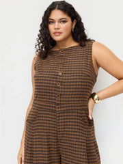 Wool-look Boat Neck Tartan Pleated Jumpsuit Curve & Plus
