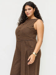 Wool-look Boat Neck Tartan Pleated Jumpsuit Curve & Plus