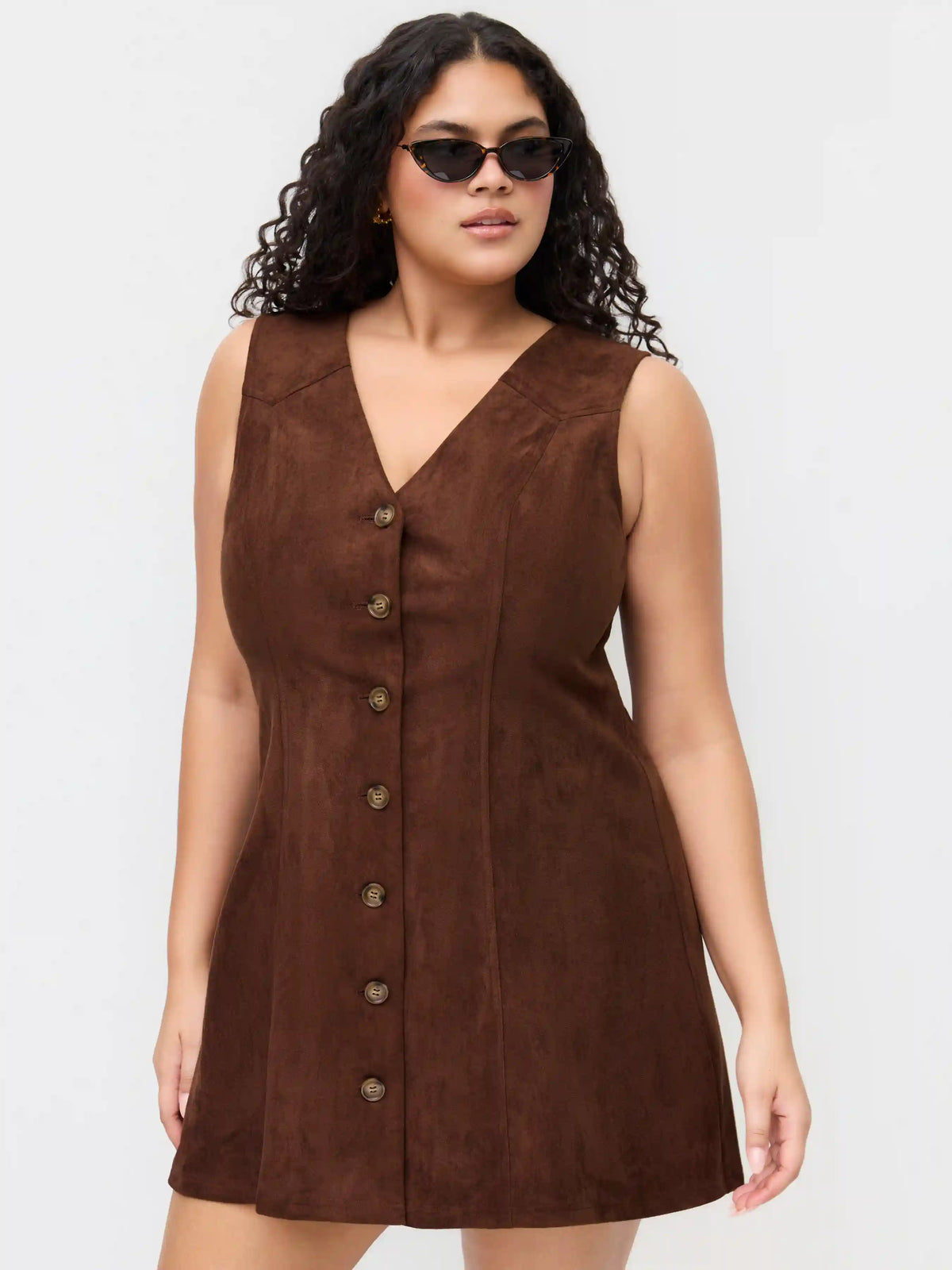 Suede V-neck Button Knotted Mini Dress Curve & Plus