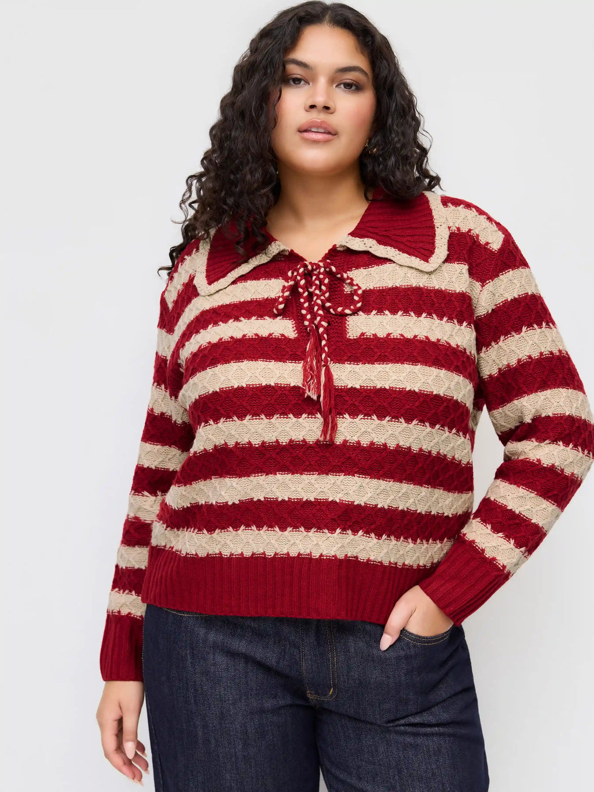 Knit Collar Striped Knotted Oversized Sweater Curve & Plus