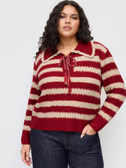 Knit Collar Striped Knotted Oversized Sweater Curve & Plus