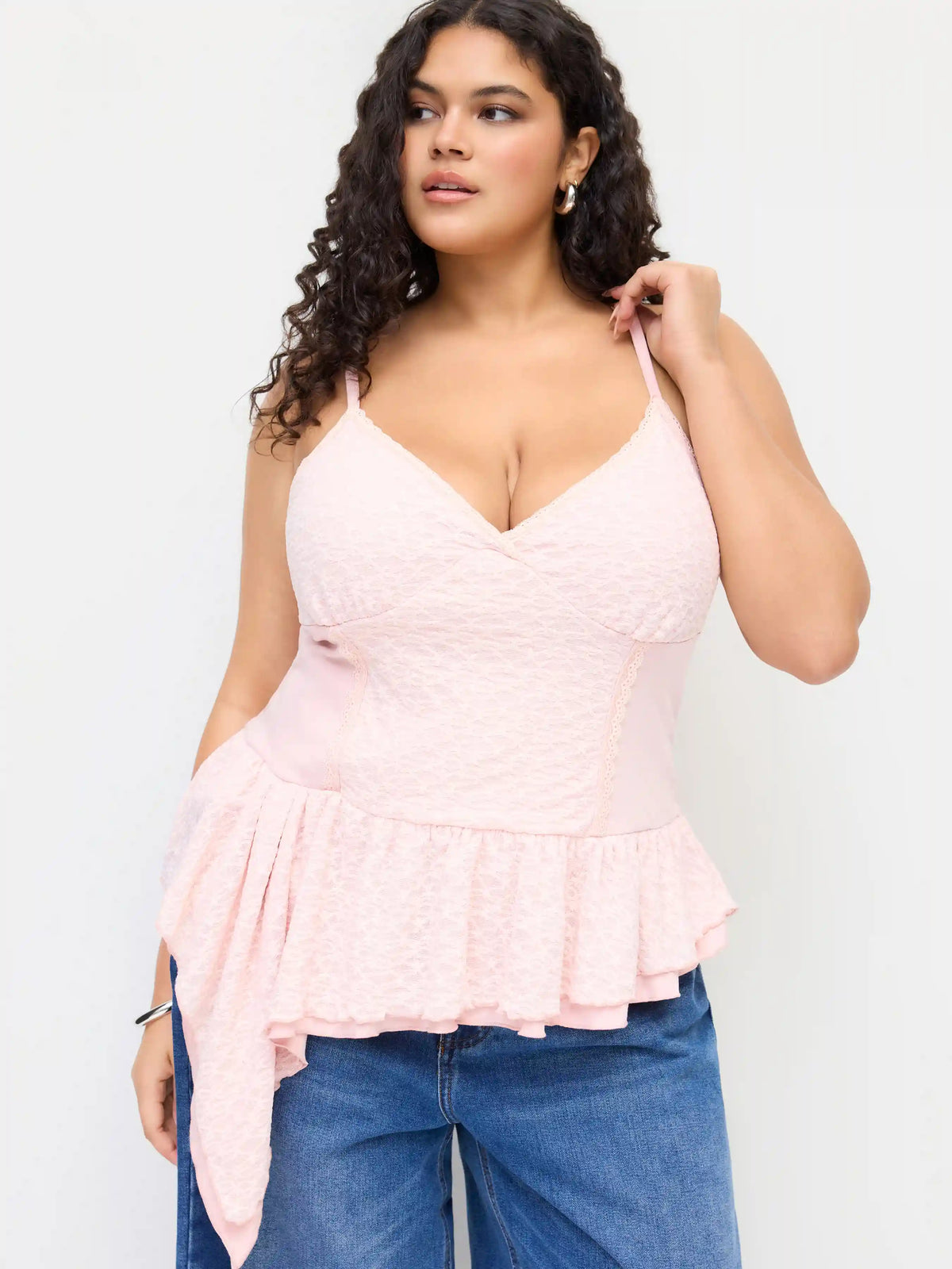 Lace Halter Neckline Asymmetrical Layered Ruffle Hem Cami Top Curve & Plus