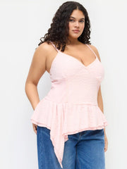 Lace Halter Neckline Asymmetrical Layered Ruffle Hem Cami Top Curve & Plus