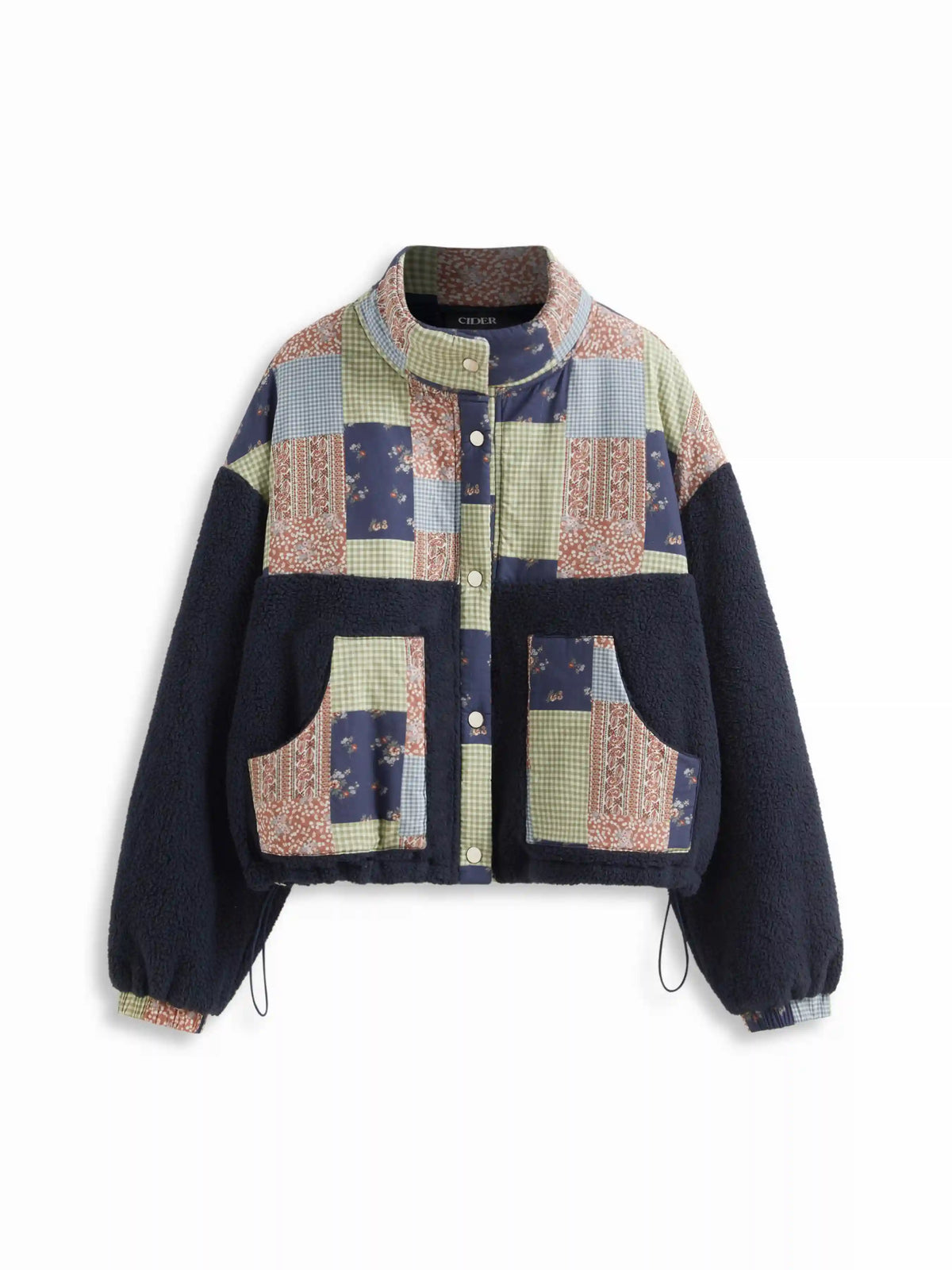 Fleece Floral Patchy Stand Collar Drawstring Oversized Jacket