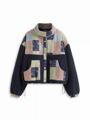 Fleece Floral Patchy Stand Collar Drawstring Oversized Jacket