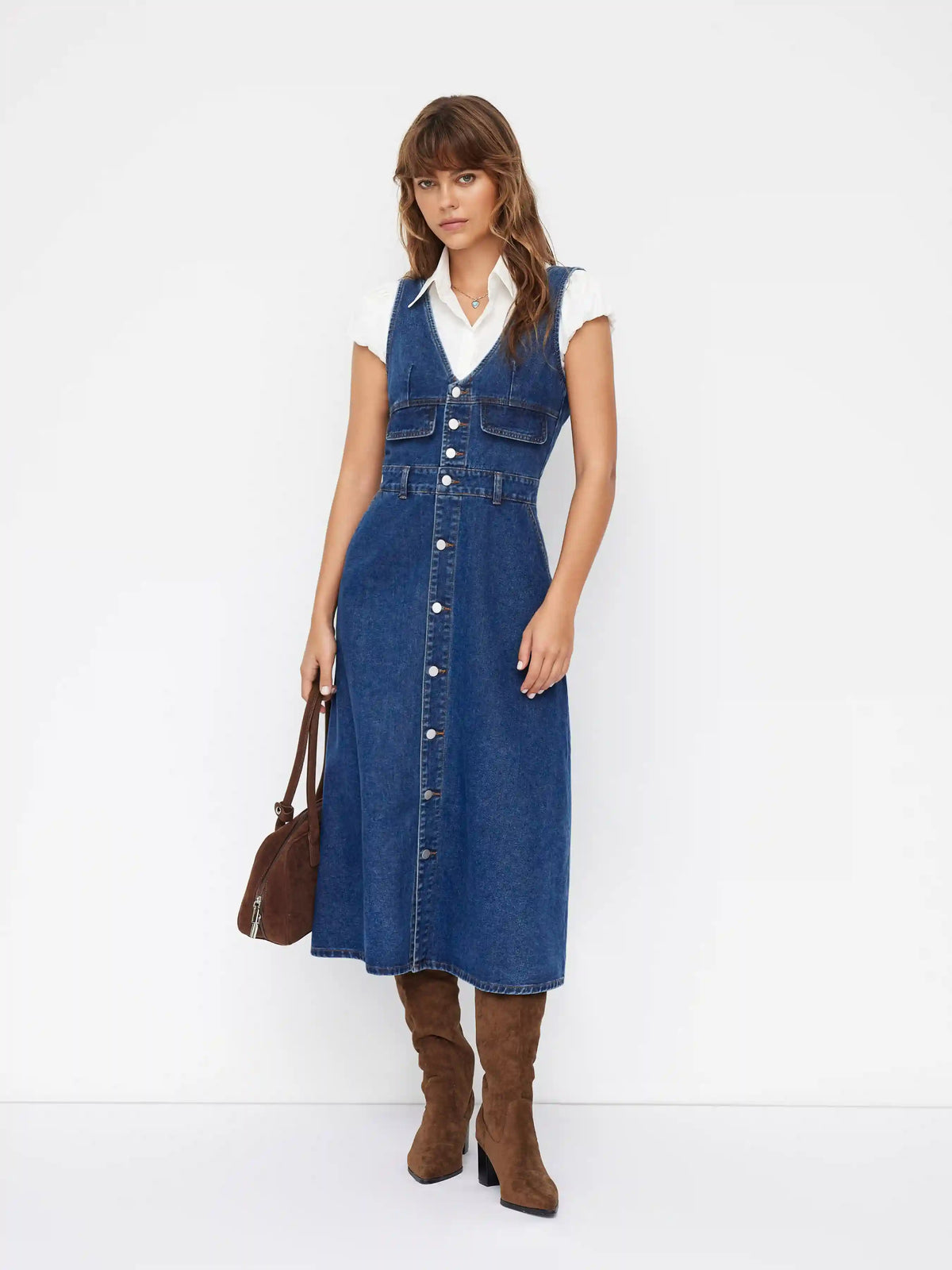 Cider Denim V-neck Button Maxi Dress