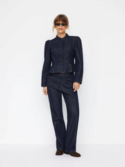 Denim Stand Collar Puff Long Sleeve Cinched Waist Button Jacket