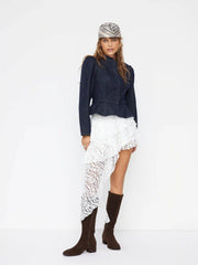 Denim Stand Collar Puff Long Sleeve Cinched Waist Button Jacket