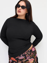Round Neckline Ruched Long Sleeve Top & Mid Rise Floral Knotted Maxi Skirt Set Curve & Plus