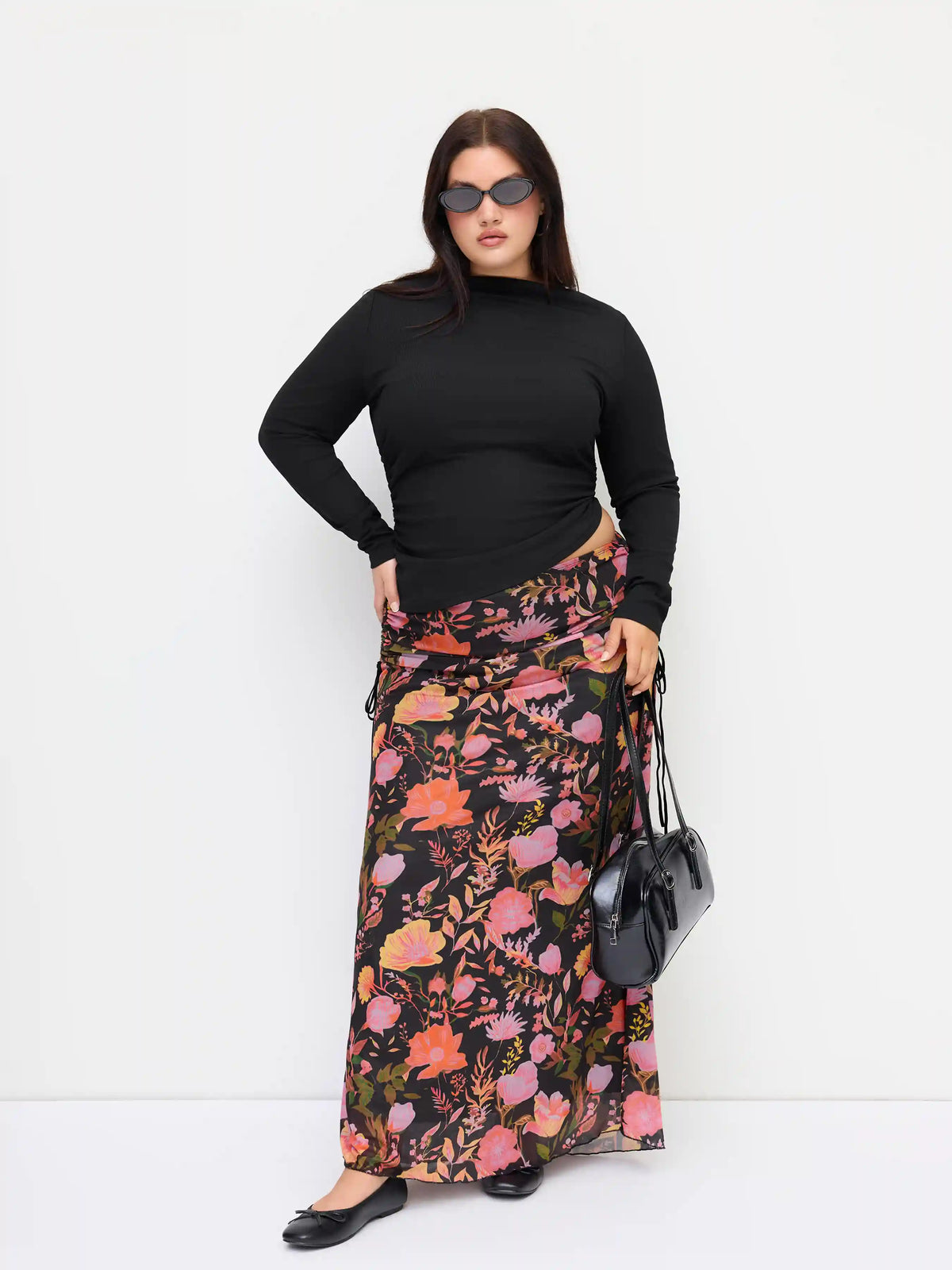 Round Neckline Ruched Long Sleeve Top & Mid Rise Floral Knotted Maxi Skirt Set Curve & Plus