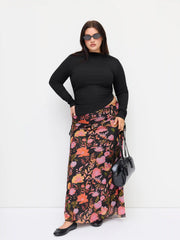 Round Neckline Ruched Long Sleeve Top & Mid Rise Floral Knotted Maxi Skirt Set Curve & Plus