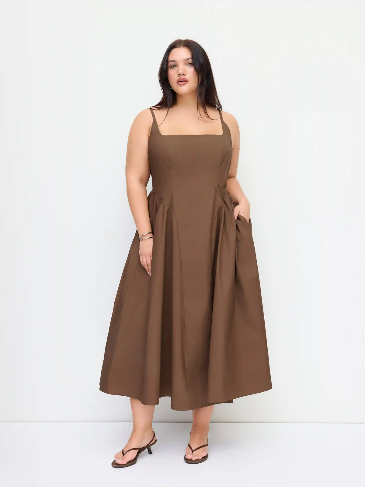 Cotton-blend U-neckline Ruched Ruffle Hem Maxi Cami Dress Curve & Plus