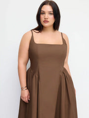 Cotton-blend U-neckline Ruched Ruffle Hem Maxi Cami Dress Curve & Plus