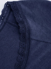 Thermal Cotton-blend V-neck Long Sleeve Lace Trim Ruched Tee