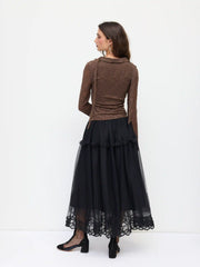 Mesh Mid Rise Lace Trim Ruched Tulle Midi Skirt