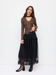 Mesh Mid Rise Lace Trim Ruched Tulle Midi Skirt
