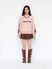 Cotton-blend V-neck World Wide Graphic Side Striped Bowknot Oversized Sweatshirt