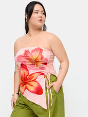 Floral Graphic Drawstring Asymmetrical Hem Bandeau Top Curve & Plus