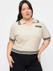 Knit Collar Stripe Short Sleeve Top Curve & Plus