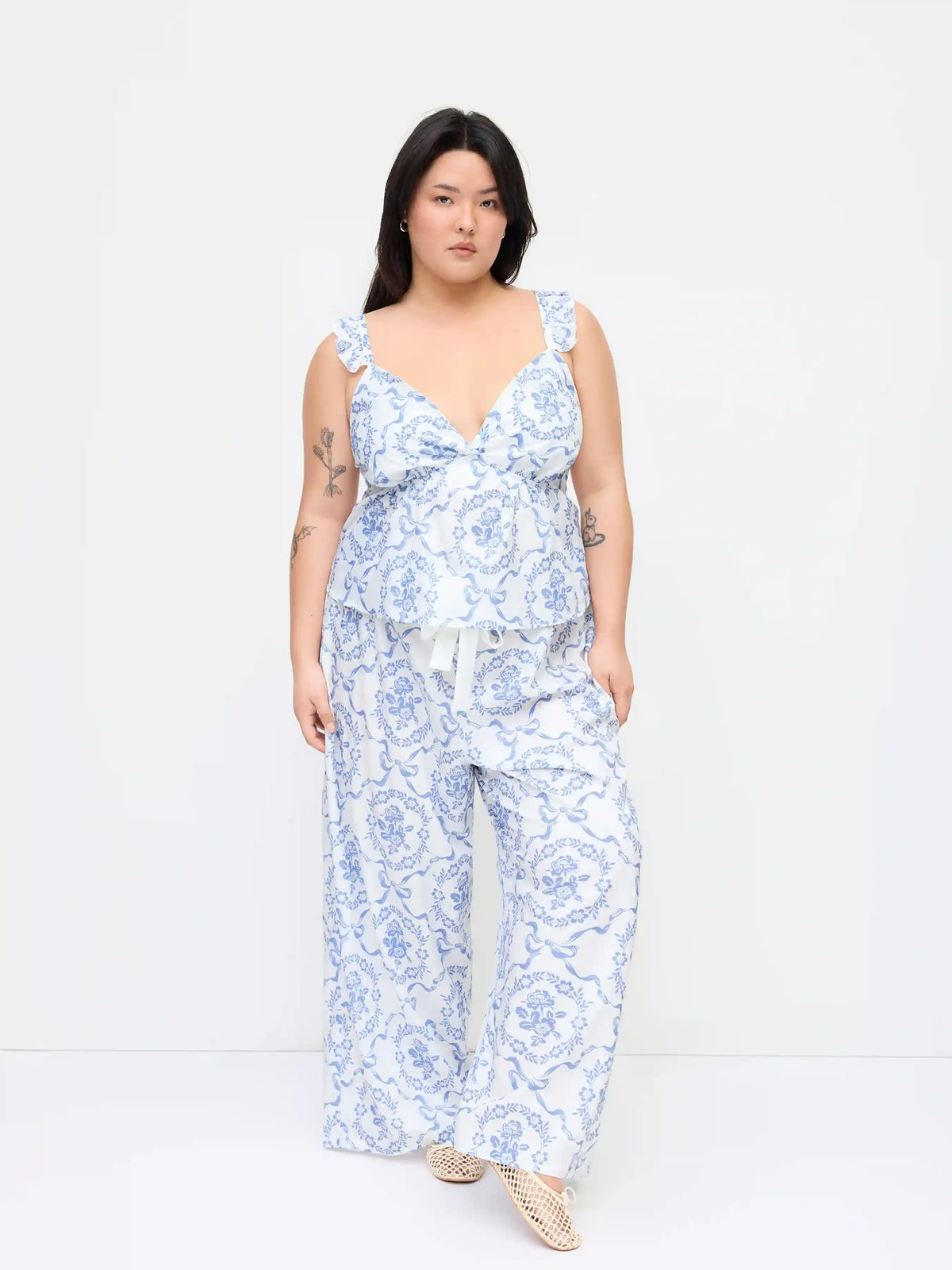 Sweetheart Floral Bowknot Cami Top & Mid Rise Drawstring Trousers Loungewear Set Curve & Plus