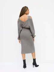 Knit Off-Shoulder Wrap Lace Split Midi Dress