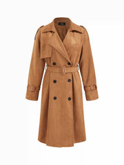 Suede Collar Double Breasted Oversized Longline Trench Coat With Belt