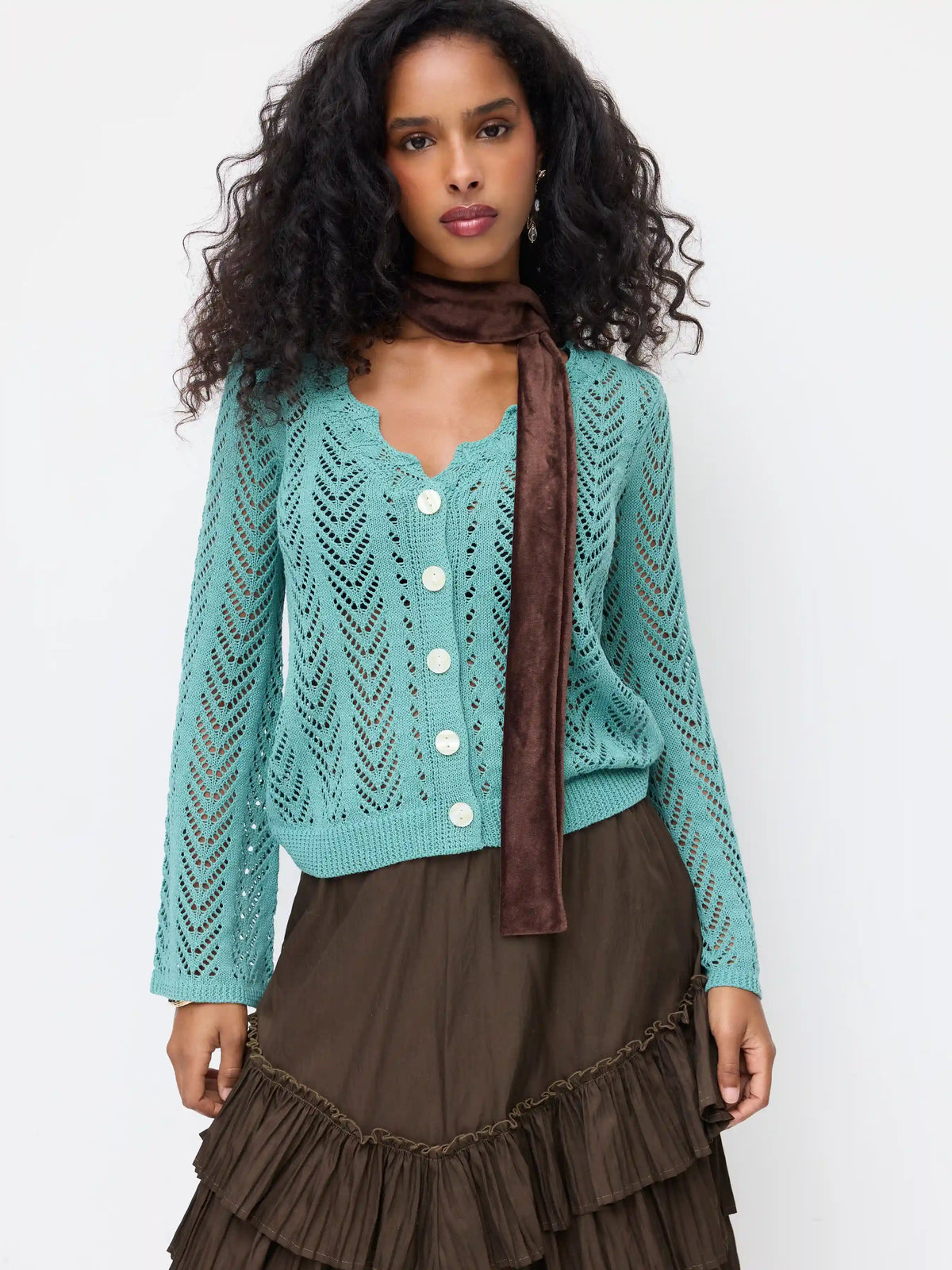Knit V-neck Hollow Out Long Sleeve Cardigan