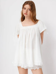 Square Neck Solid Ruffle Knotted Short Sleeve Blouse