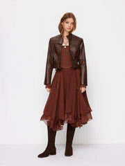 Chiffon Mid Rise Layered Ruffle Midi Skirt