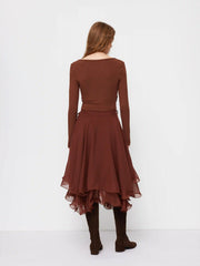 Chiffon Mid Rise Layered Ruffle Midi Skirt