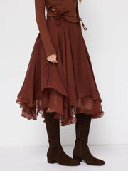 Chiffon Mid Rise Layered Ruffle Midi Skirt