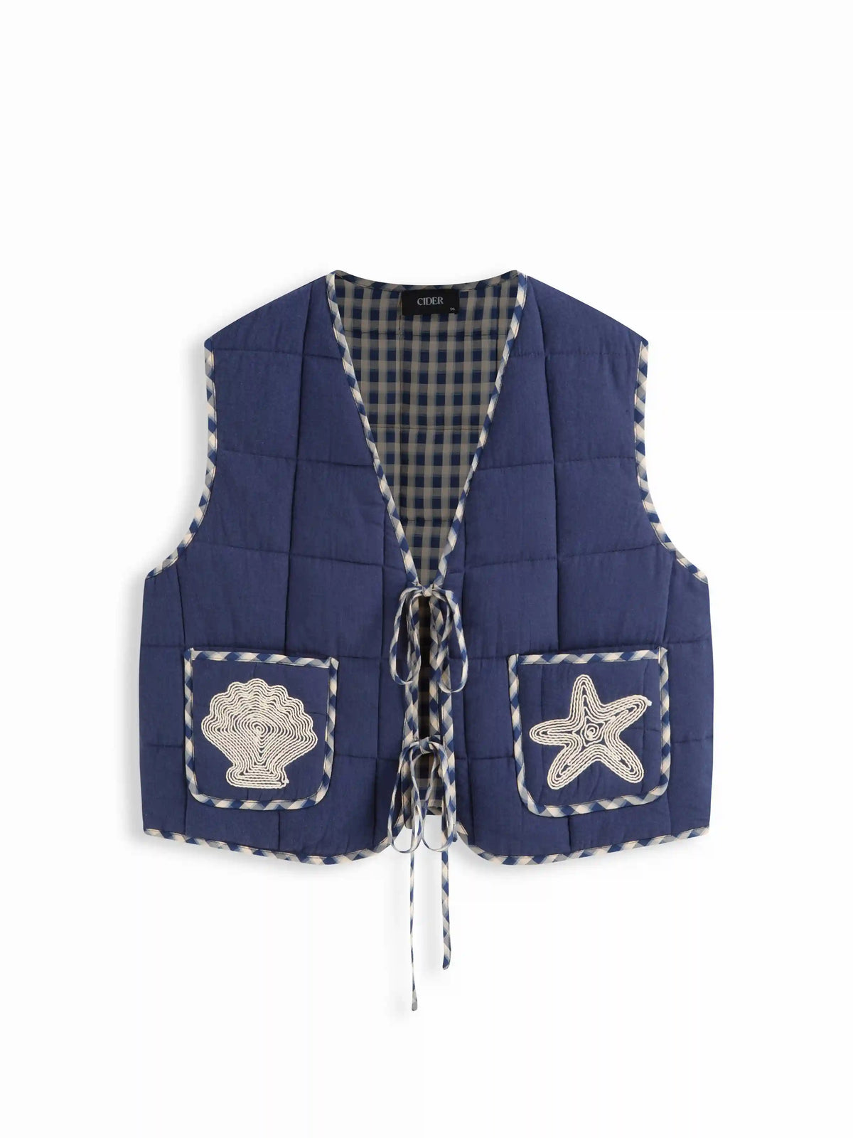 Cotton Gingham Tie Front Star & Shell Stitch Puffer Vest Curve & Plus