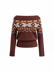 Knit Snowflake Fair Isle Off-shoulder Cinched Waist Sweater