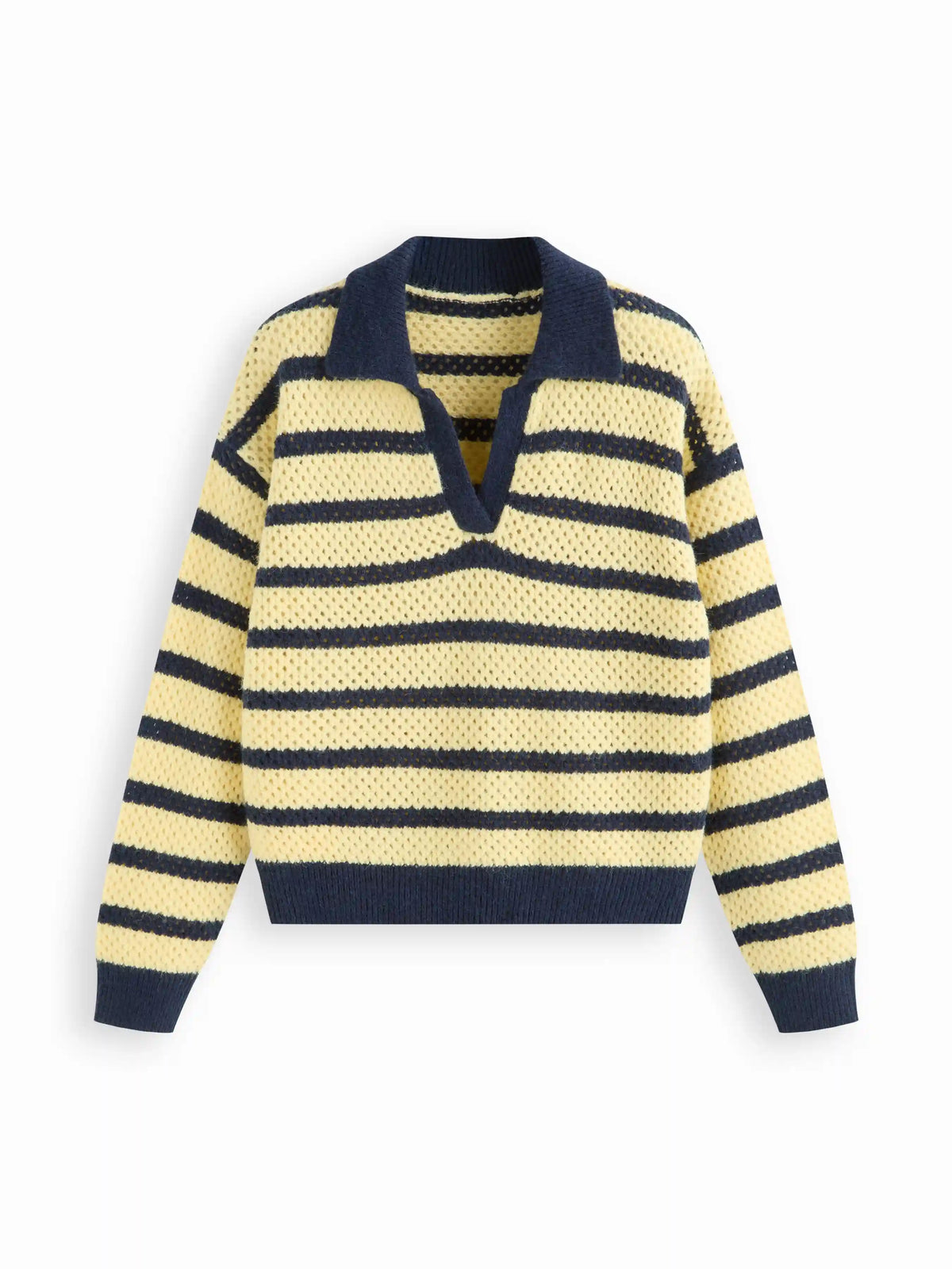 Knit Striped Collar V-neck Long Sleeve Hollow Out Oversized Sweater
