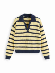 Knit Striped Collar V-neck Long Sleeve Hollow Out Oversized Sweater