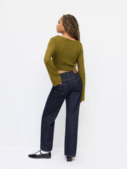 Knit V-neck Bell Sleeve Tie Front Hollow Out Cardigan With Cami Top