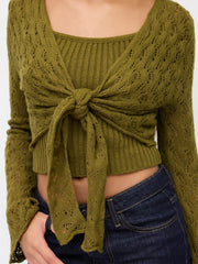 Knit V-neck Bell Sleeve Tie Front Hollow Out Cardigan With Cami Top
