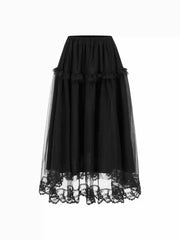 Mesh Mid Rise Lace Trim Ruched Tulle Midi Skirt