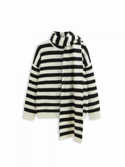 Knit Round Neckline Striped Long Sleeve Sweater With Scarf Curve & Plus