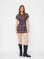 Cotton-blend Plaid Collar Short Sleeve Blouse & Mid Rise Lace Trim Bowknot Mini Skirt Set