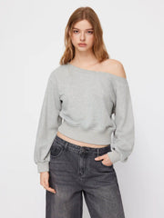 Terry Asymmetrical Neck Long Sleeve Sweatshirt