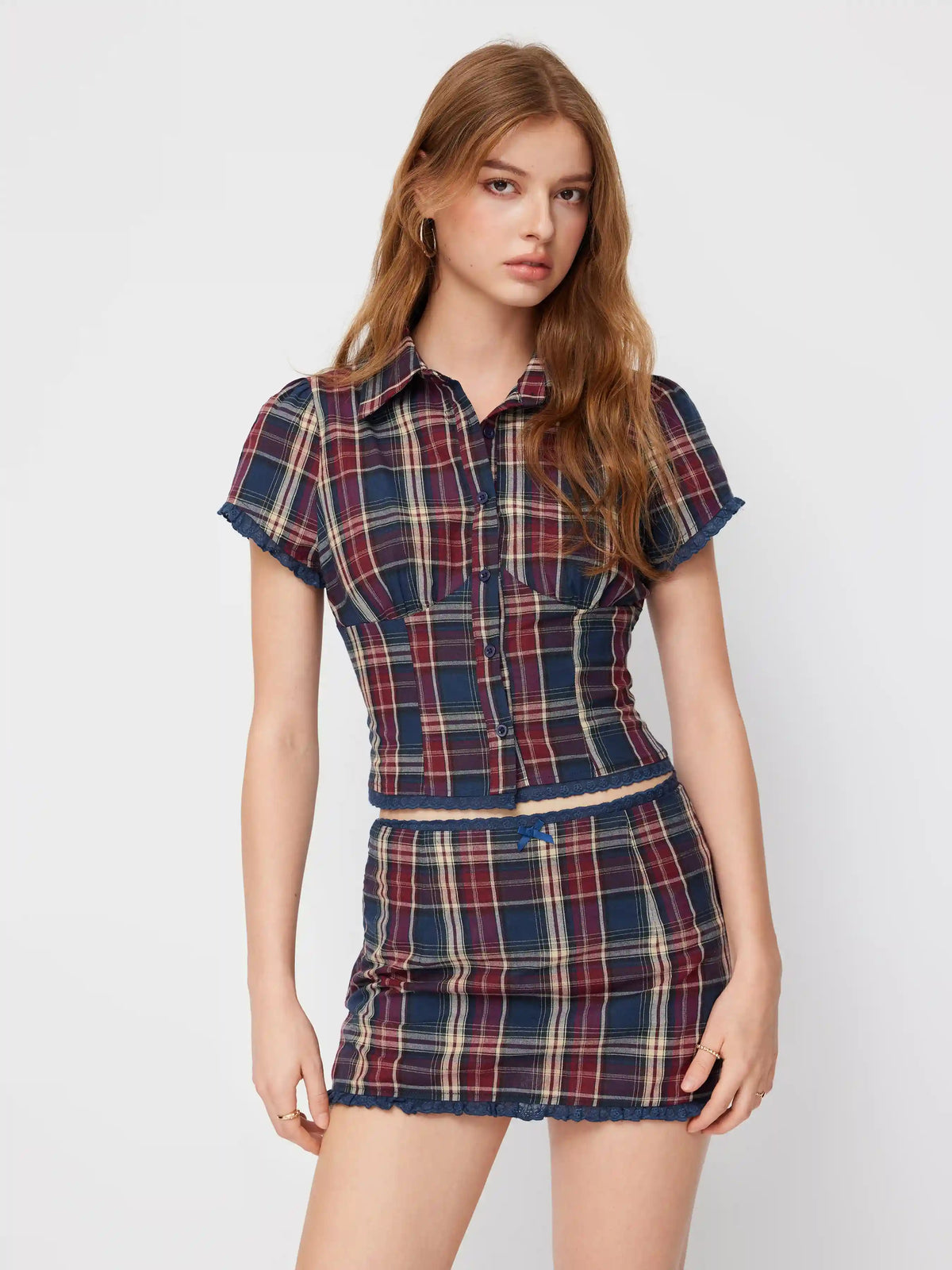 Cotton-blend Plaid Collar Short Sleeve Blouse & Mid Rise Lace Trim Bowknot Mini Skirt Set