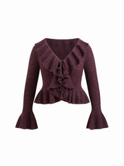 Knit Mohair-blend V-neck Long Sleeve Tie Front Ruffle Split Cardigan Curve & Plus