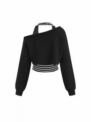 Two Piece Terry Asymmetrical Neck Crop Sweatshirt With Striped Tank Top