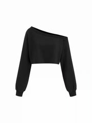 Two Piece Terry Asymmetrical Neck Crop Sweatshirt With Striped Tank Top