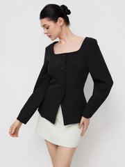 Square Neck Long Sleeve Split Front Button Blazer